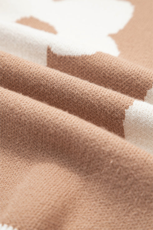 Big Daisy Jacquard Contrast Stripe Trim Baggy Sweater